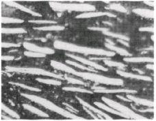 (電磁波吸収ゴムシートの組織写真)白い棒状のものが加工後の金属磁性粉末で、黒いところがゴムです。